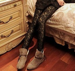 Magazine japanese style all-match sweet lace flower leather patchwork slim 9 legging
