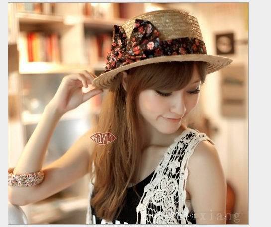 Magazines, pastoral style Floral bow flattened wheat straw straw hat
