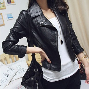 Main spring motorcycle water wash PU jacket women outerwear women's design leather short slim clothing