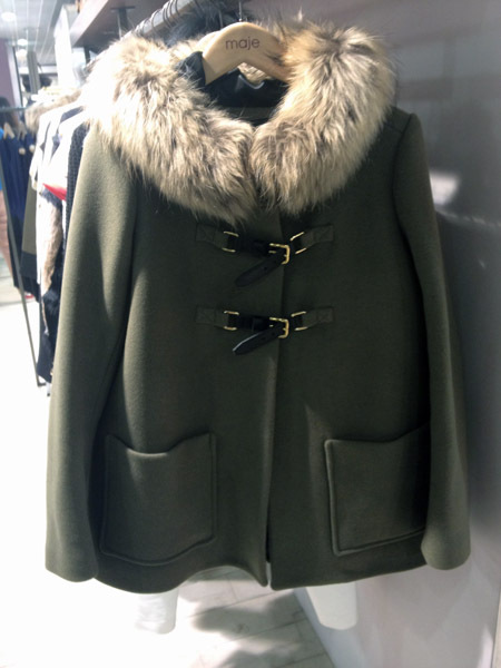 Maje same funds raccoon fur double breasted Army Green hood woolen overcoat outerwear wadded jacket cotton-padded jacket