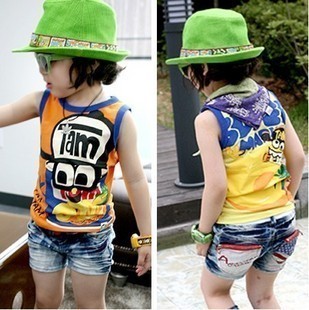 Male 100% cotton girls clothing baby child hat biscuits pineapple print sleeveless T-shirt vest