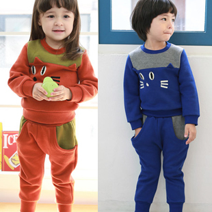 Male child female child plus velvet thickening cat sweatshirt casual pants set 0129-j01 Free Shipping