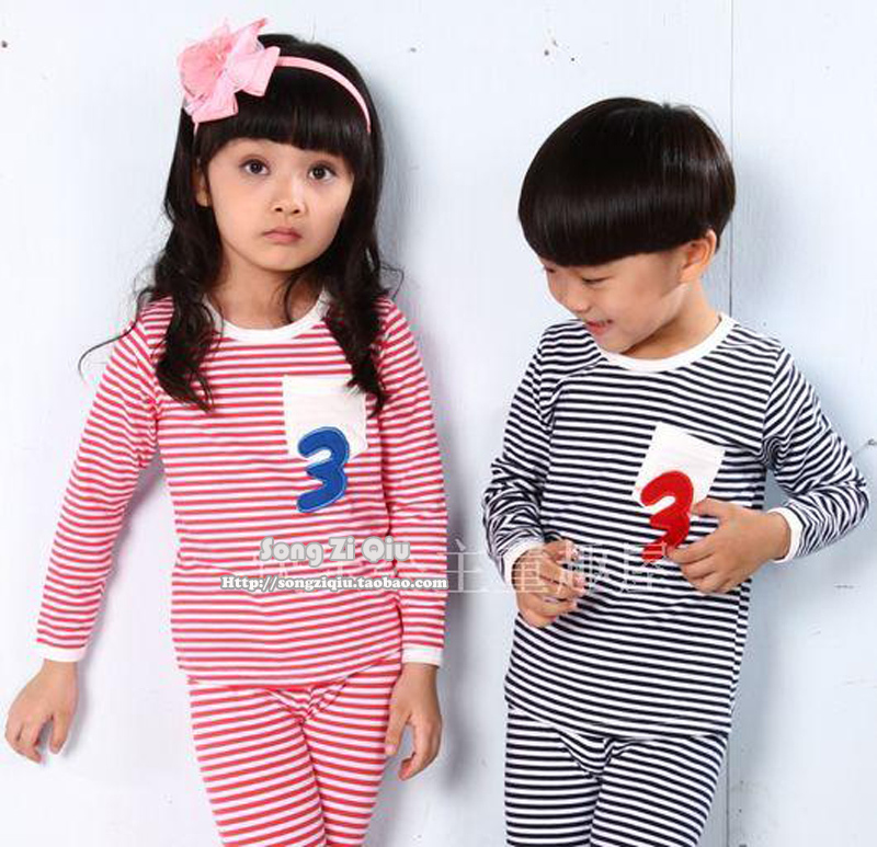 Male child girls clothing 2013 autumn 3 stripe at home service set child underwear sleep set