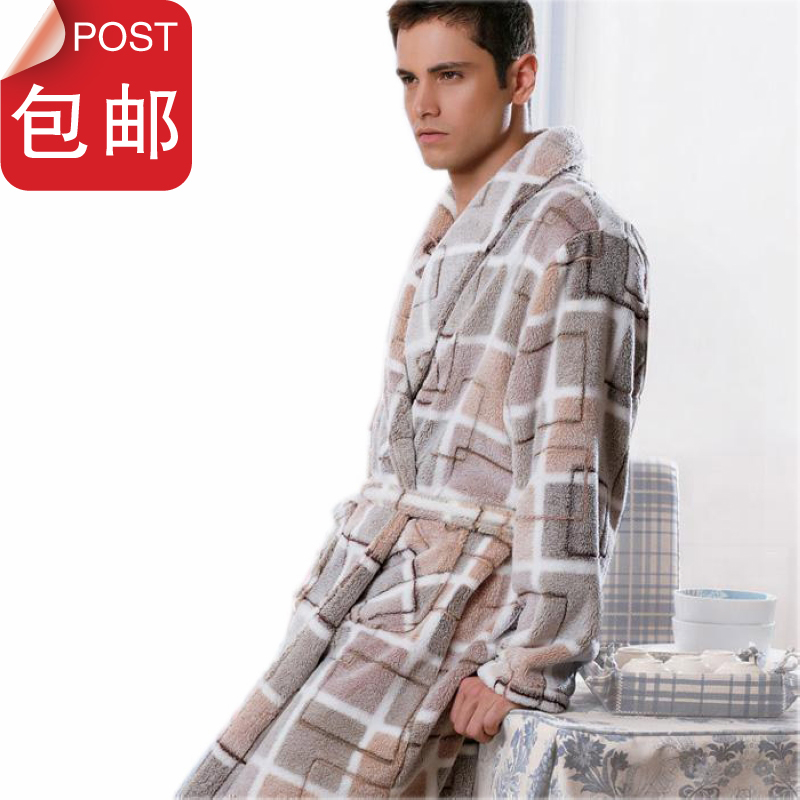 Male coral fleece robe autumn and winter sleepwear bathrobes men's long-sleeve bathoses lounge medium-long at home service