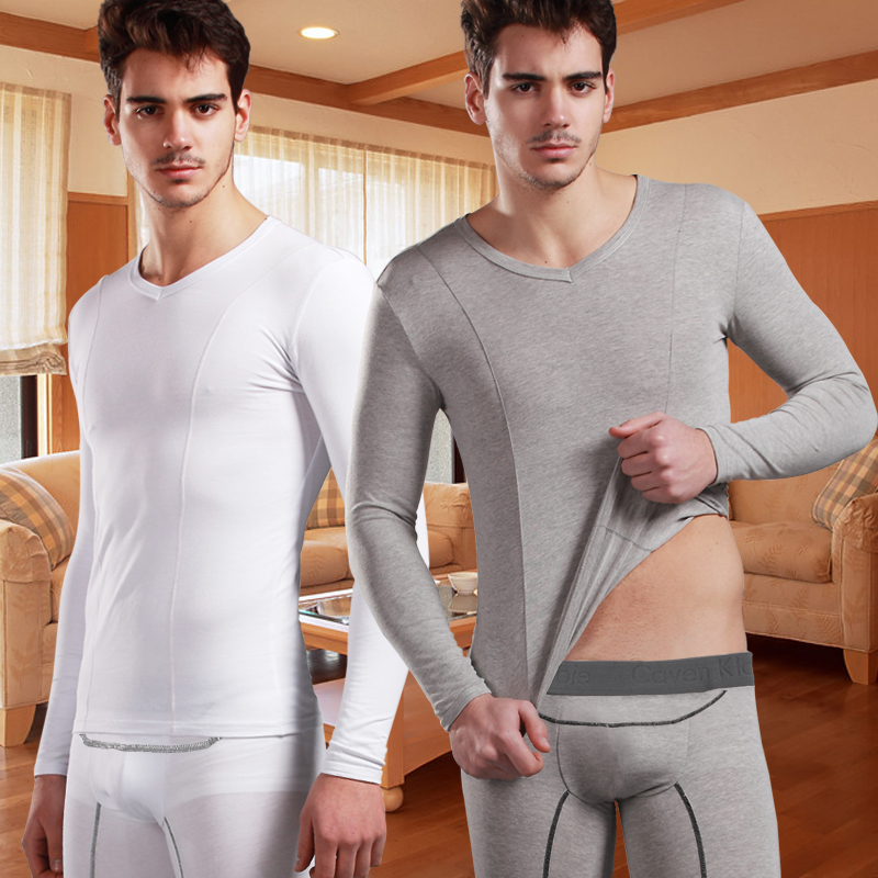 Male fashion slim V-neck basic thermal underwear set cotton thin long johns