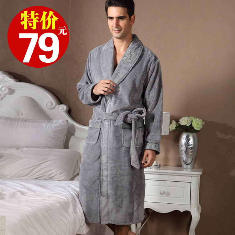 Male robe autumn and winter coral fleece male grey thermal male lengthen robe bathrobes lounge