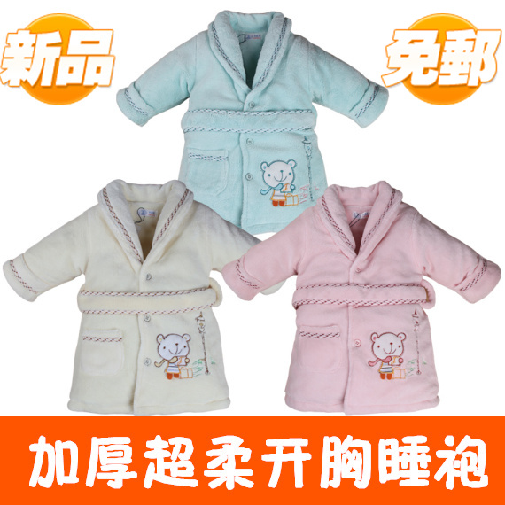 Male robe thermal sleeping bag coral fleece child robe sleepwear thickening 100% cotton autumn and winter bathrobe
