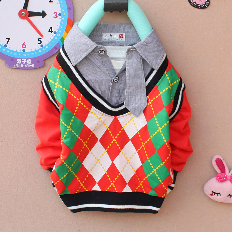 Male spring girls clothing baby clothes long-sleeve T-shirt stand collar plaid paragraph faux two piece top q1422