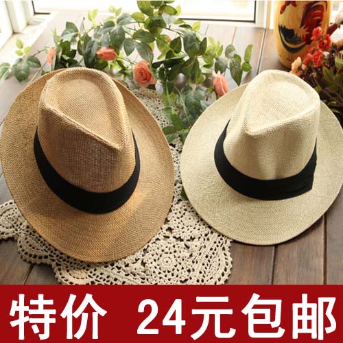 Male strawhat hat female summer fedoras beach cap sun-shading jazz hat large brim hat outdoor