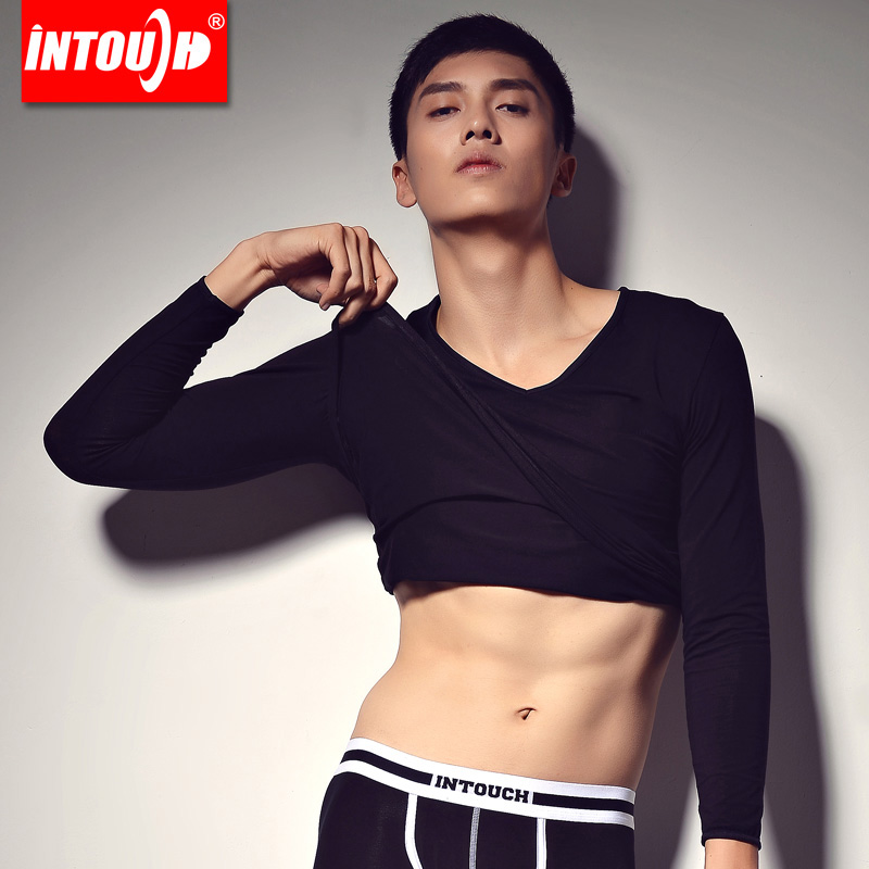 Male underwear lycra cotton slim autumn underwear V-neck basic underwear tight low collar thermal set