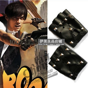 Male women's genuine leather gloves semi-finger rivet gloves hip-hop fashion