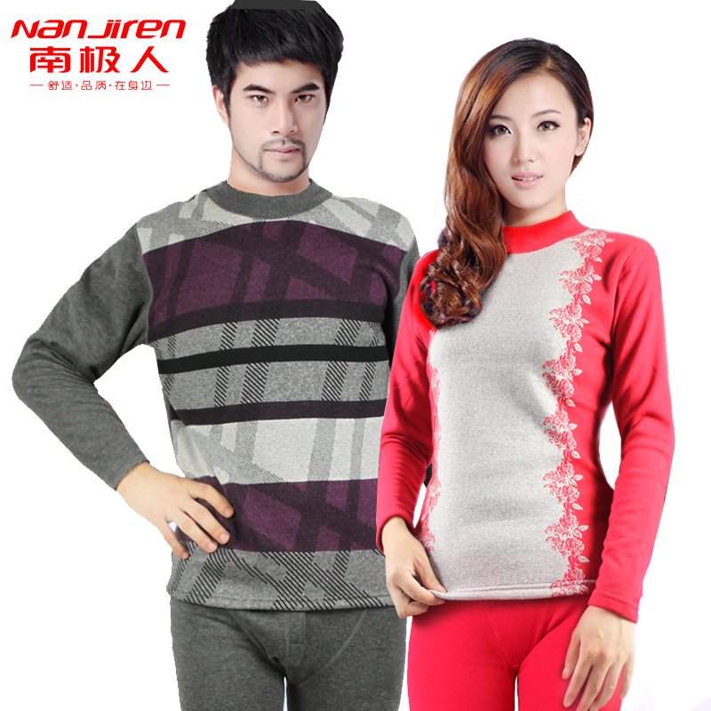 Male women's jacquard thickening plus velvet thermal underwear set turtleneck