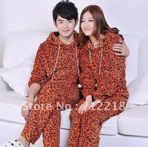 Male women's leopard print thickening coral fleece sleepwear lovers set lounge halloween Free shipping
