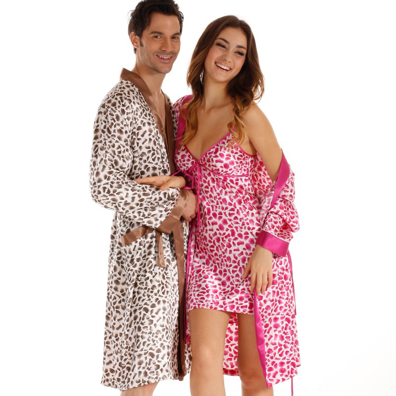 man or woman   spring autumn lovers sleepwear twinset  long-sleeve silk robe sexy spaghetti strap nightgown leopard print lounge