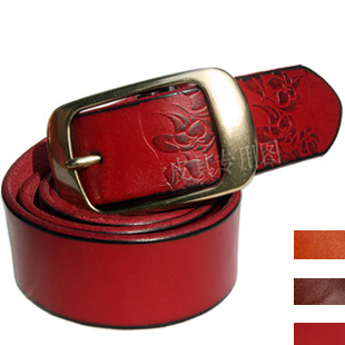 Marry red belt first layer of cowhide women's carved strap genuine leather women's print belt lengthen