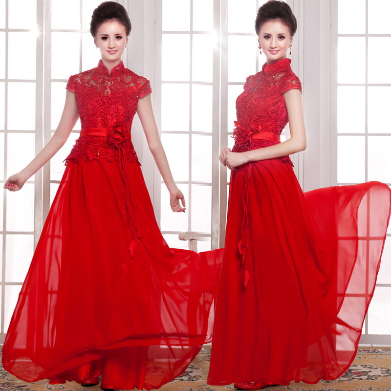 Marry red long design lace chinese style stand collar cheongsam autumn bride brand formal evening dress