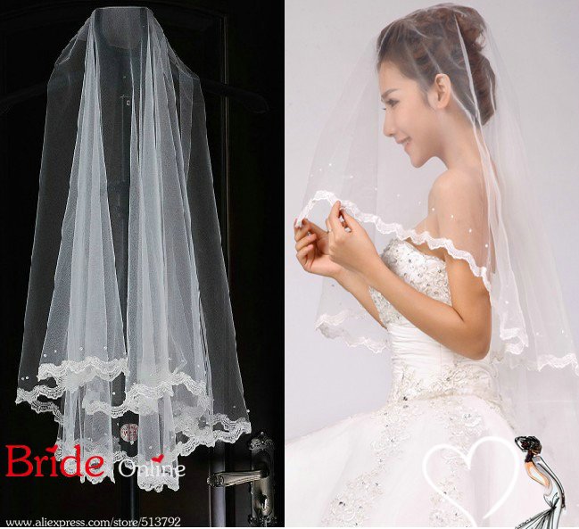 Marvelous One Layer Elbow Lace Pearl Wedding Veil White Ivory In Stock