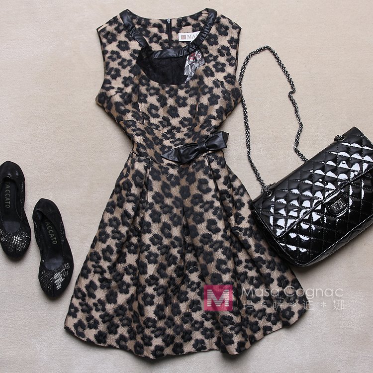 Masacognac 2013 leather bow princess jacquard tank dress one-piece dress