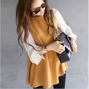 Maternity 2013  clothing spring pleated lantern sleeve color block decoration elegant chiffon  dress skirt  1S