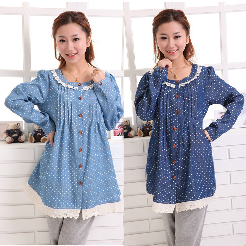 Maternity 2013 spring denim top fashion laciness dot maternity dress maternity long-sleeve T-shirt