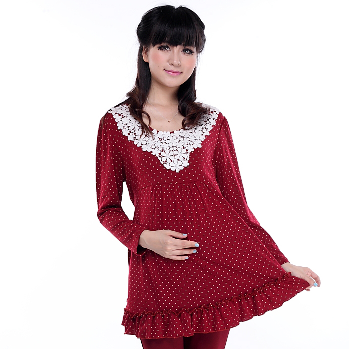 Maternity autumn top maternity t-shirt polka dot lace decoration long-sleeve maternity clothing y1268