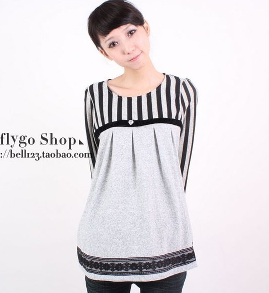 Maternity clothing 2012 autumn top loose stripe t-shirt lace sweep basic shirt 8079