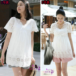 Maternity clothing 2012 maternity top laciness V-neck short-sleeve maternity clothing maternity T-shirt