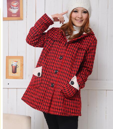Maternity clothing autumn and winter maternity top plaid hooded long-sleeve maternity wadded jacket cotton-padded jacket
