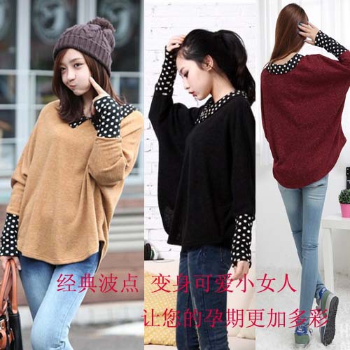 Maternity clothing autumn and winter vintage polka dot maternity sweater turn-down collar maternity top basic shirt