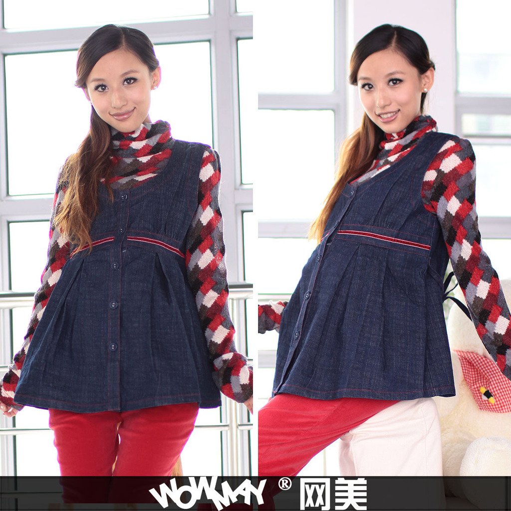 Maternity clothing autumn cotton denim flannelet trim open front maternity outerwear vest 517709