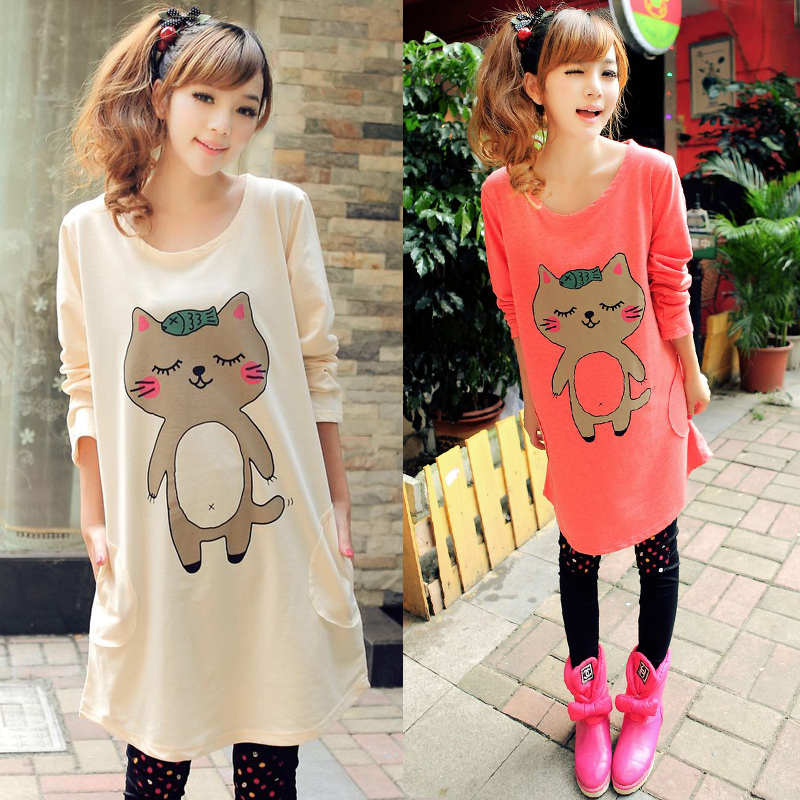Maternity clothing autumn maternity long-sleeve T-shirt loose maternity top cartoon print pocket sweatshirt