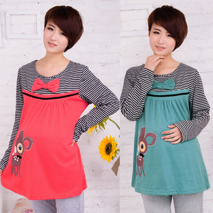 Maternity clothing autumn maternity top bow stripe color block decoration long-sleeve T-shirt autumn 1122
