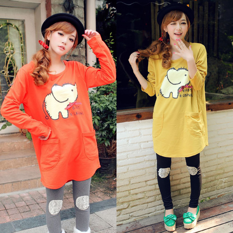 Maternity clothing autumn o-neck plus size cartoon maternity long-sleeve T-shirt maternity top long design sweatshirt