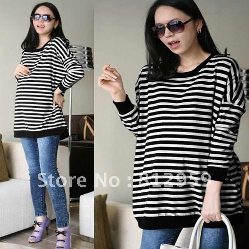 Maternity clothing autumn stripe long-sleeve loose batwing sleeve top long design maternity t-shirt autumn basic shirt