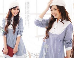 Maternity clothing blue stripe princess stand collar shirt nursing clothing spring legging