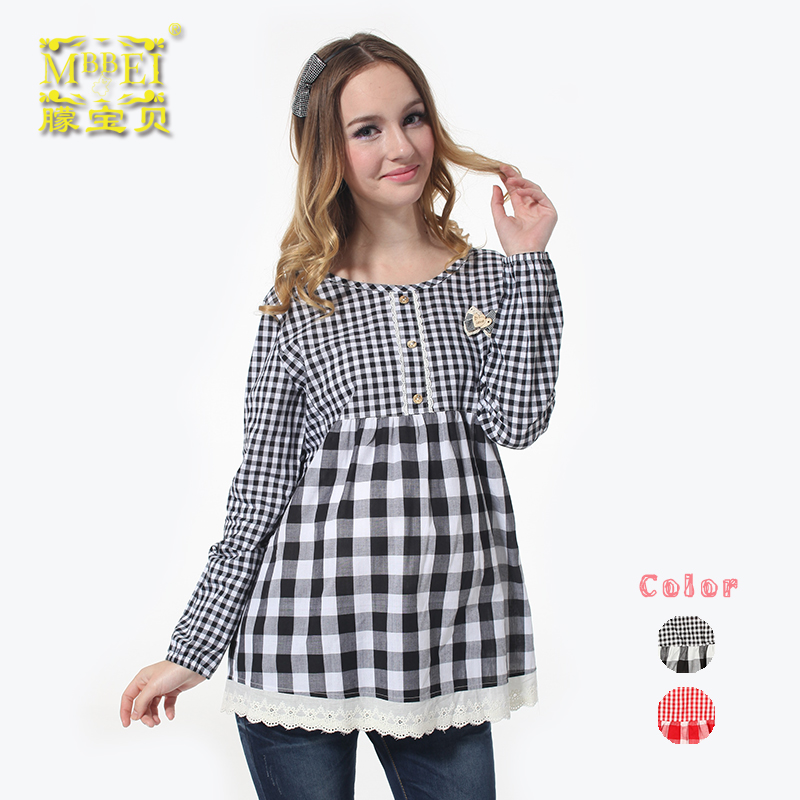 Maternity clothing clothes o-neck plaid top spring maternity clothing 1523