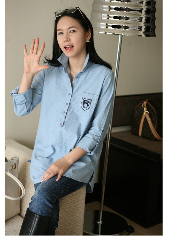 Maternity clothing cotton linen casual shirt maternity top fashion maternity shirt light blue Free Shipping