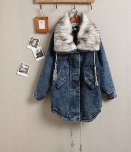 Maternity clothing denim large lapel detachable fur collar denim maternity outerwear thick maternity wadded jacket