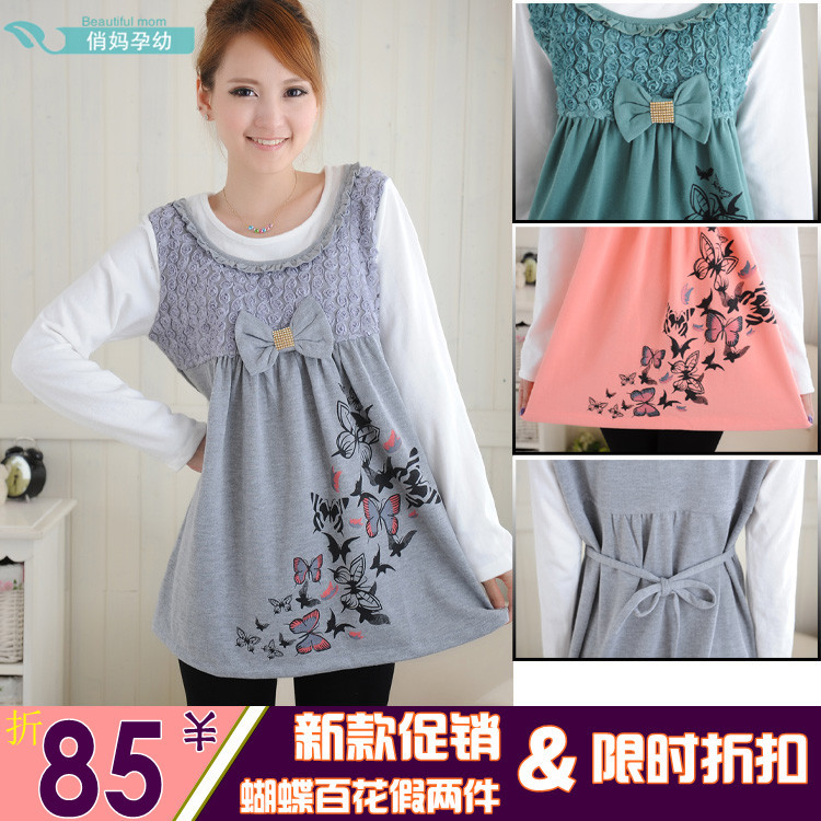 Maternity clothing maternity autumn long sleeve length loose 100% cotton plus size clothes flowers and butterfly top