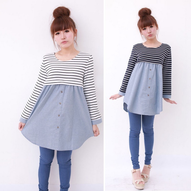 Maternity clothing maternity nursing top autumn stripe maternity nursing dress long-sleeve faux two piece knitted top skirt