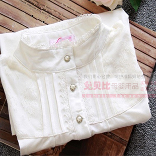 Maternity clothing maternity spring and autumn top 100% cotton basic shirt long johns stand collar lace decoration
