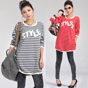 Maternity clothing maternity top spring and autumn stripe letter long-sleeve T-shirt loose long design long-sleeve sweatshirt