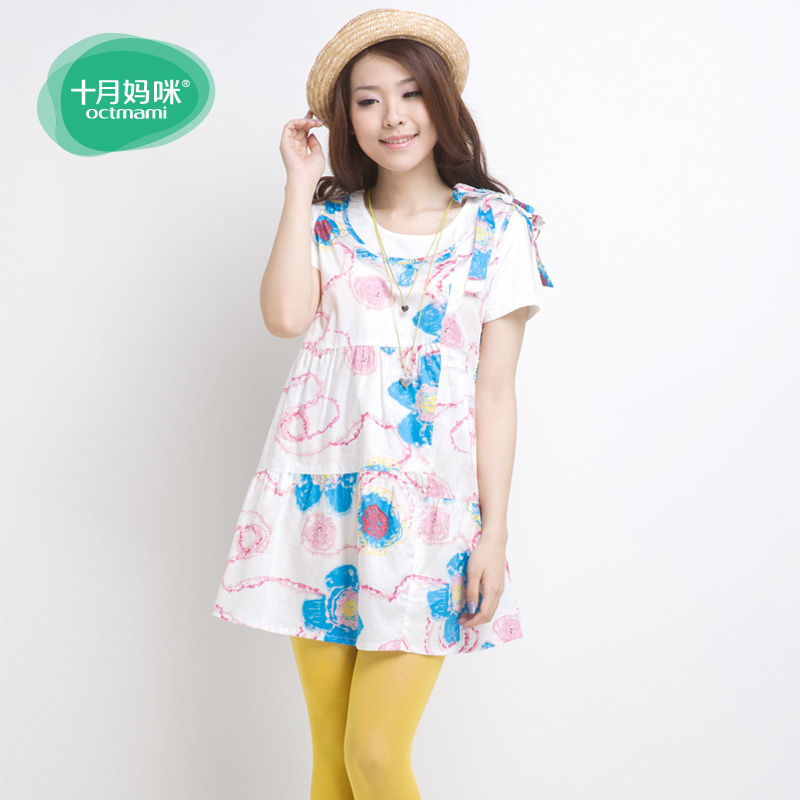 Maternity clothing print faux two piece long top