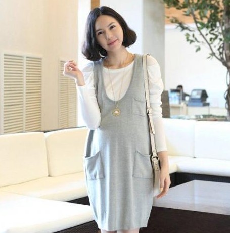 Maternity clothing spring and autumn puff sleeve twinset ivory long-sleeve T-shirt grey vest one-piece dress