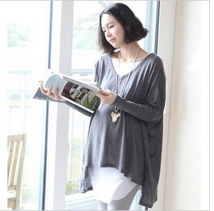 Maternity clothing spring and autumn solid color maternity long-sleeve top maternity basic shirt Dark thin outerwear gray