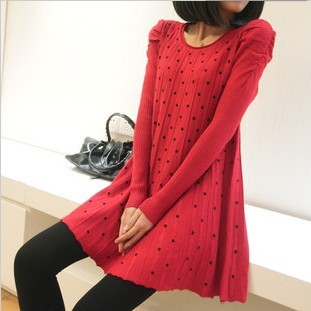 Maternity clothing spring loose polka dot sweater medium-long sweater maternity dress one-piece dress