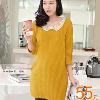 Maternity clothing spring one-piece dress peter pan collar gentlewomen fashion t-shirt plus size maternity top yellow