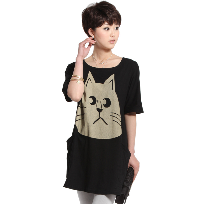 Maternity clothing summer 100% cotton maternity t-shirt top cartoon plus size black 10952