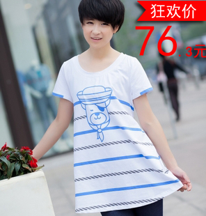 Maternity clothing summer 100% cotton stripe maternity t-shirt casual loose cartoon short-sleeve top 12087