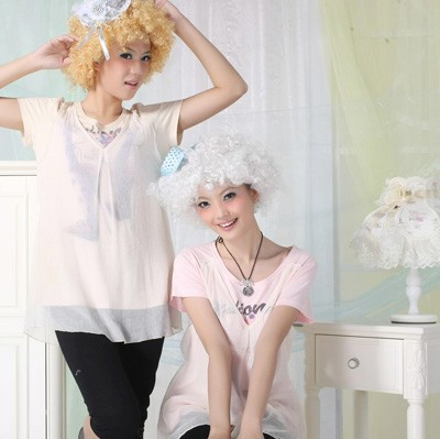 Maternity clothing summer cartoon print faux two piece maternity top 10216